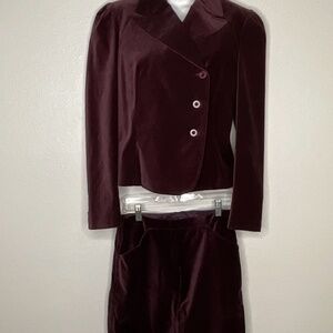 Perry Ellis Vintage Velvet Maroon Burgundy Blazer Jacket And Skirt Suit Size 6